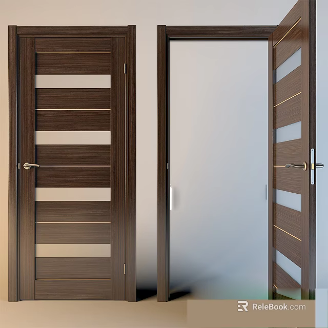 Modern Wooden Swing Door With Glass Panels And Metal Handles For Home Interior 3d model 