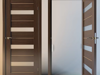Modern Wooden Swing Door With Glass Panels And Metal Handles For Home Interior 3d model