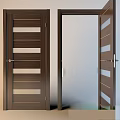 Modern Wooden Swing Door With Glass Panels And Metal Handles For Home Interior