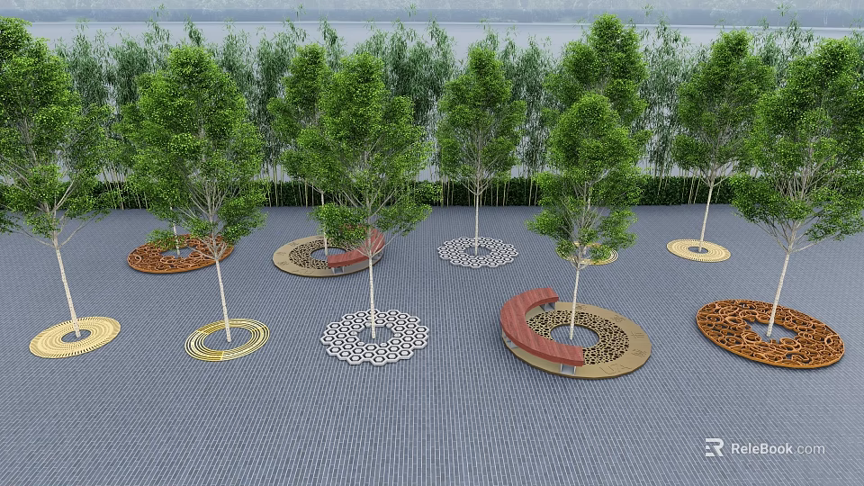 Tree Planters with Modern Design in Park Featuring Green Trees and Paved Ground 3d model