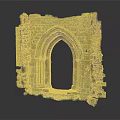 Ancient Stone Entrance Gate Featuring Gothic Arch Ruined Structure Weathered Bricks and Mossy Base