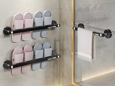 Modern Black Wall Mounted Shoe Rack Holding Pink Gray Slippers In Bathroom 3d model