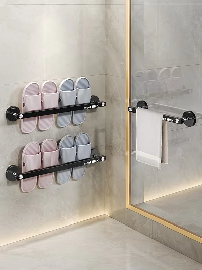 Modern Black Wall Mounted Shoe Rack Holding Pink Gray Slippers In Bathroom 3d model