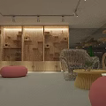 Cozy Modern Cafe Interior With Wooden Shelves Pink Bean Bags Woven Chair And Cactus