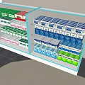 Display Shelves with Glass Doors and White Frames Holding Colorful Packaged Goods in Retail Store Setting