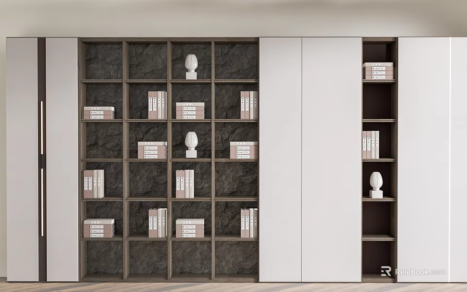 Modern Dark Grid Storage Shelving Unit With Books White Sculptures And White Cabinet 3d model 