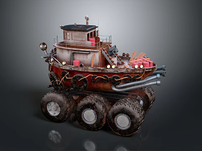 Vintage Steam Powered Water Vehicle With Large Wheels And Red Cargo Storage Boxes 3d model