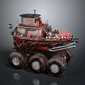 Vintage Steam Powered Water Vehicle With Large Wheels And Red Cargo Storage Boxes