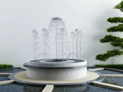 Decorative Garden Fountain With Circular Base Multiple Water Jets And Surrounding Green Trees 3d model
