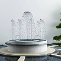 Decorative Garden Fountain With Circular Base Multiple Water Jets And Surrounding Green Trees