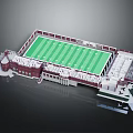 Modern Football Stadium Architectural Design With Green Field Stands And Seating Areas