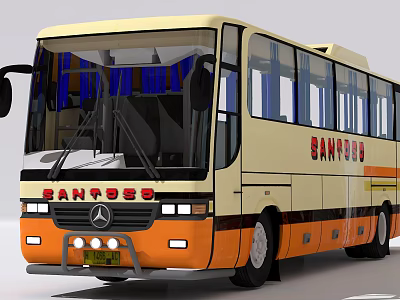 Yellow and Orange Mercedes Benz Bus with Blue Curtains 3d model