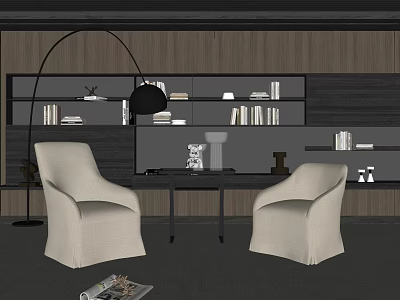 Beige Leisure Chair Set With Wooden Bookshelf Books Decorations And Floor Lamp 3d model
