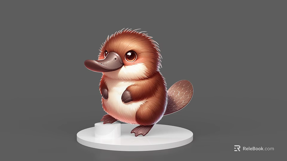 Cute Brown Fluffy Platypus 3D Model Standing On White Pedestal 3d model 