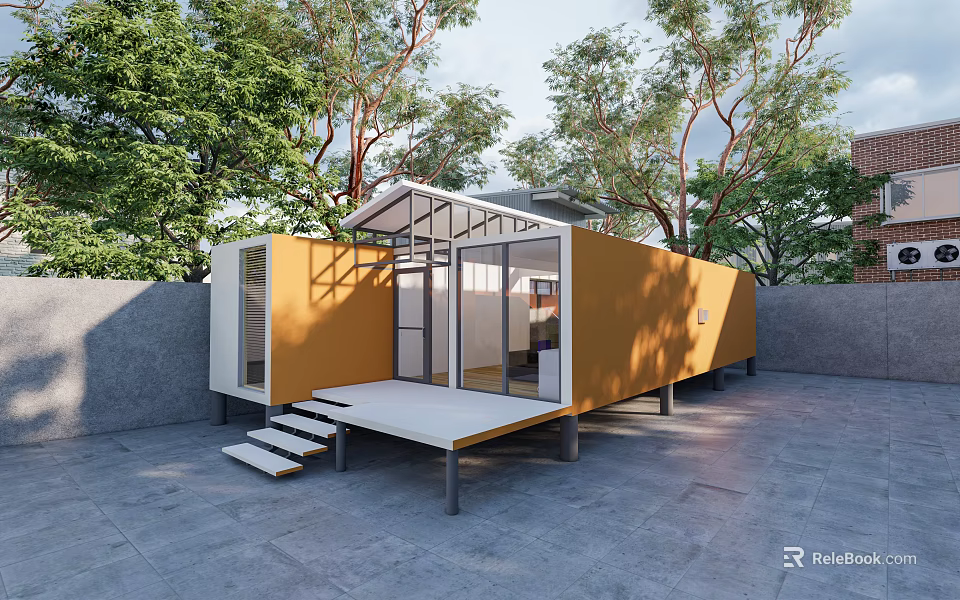 Modern Container Style Orange Station with Outdoor Platform Glass Doors Trees and Gray Flooring 3d model 