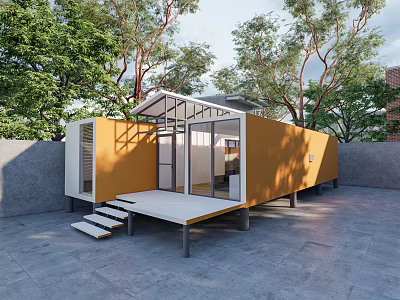 Modern Container Style Orange Station with Outdoor Platform Glass Doors Trees and Gray Flooring 3d model