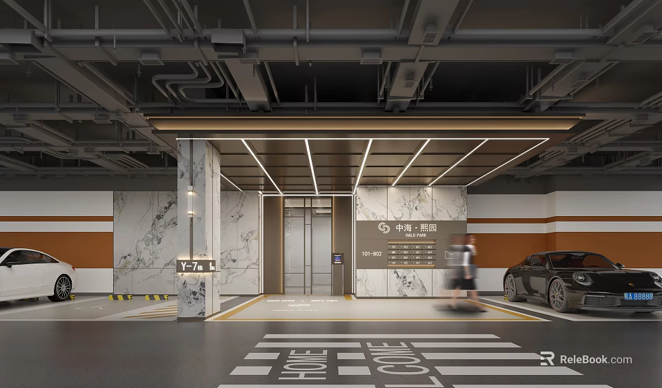 Parking Garage Interior With Marble Walls Elevator Lighting Floor Markings And Black Car 3d model 