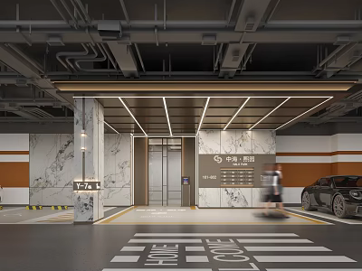 Parking Garage Interior With Marble Walls Elevator Lighting Floor Markings And Black Car 3d model