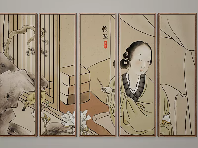Traditional Chinese Screen Painting With Female Figure In Classical Attire And Floral Motifs 3d model