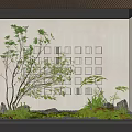 Scenic Feature Wall with Square Cutouts Colored Lights Wooden Ceiling and Green Plants