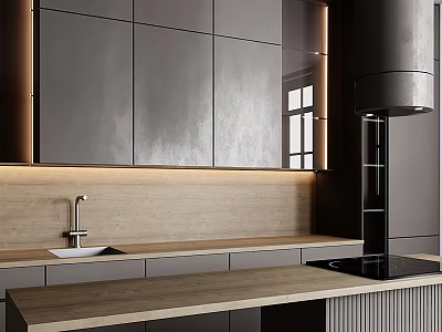 Modern Kitchen Interior Featuring Dark Cabinets Wooden Countertop And Under Cabinet Lighting 3d model