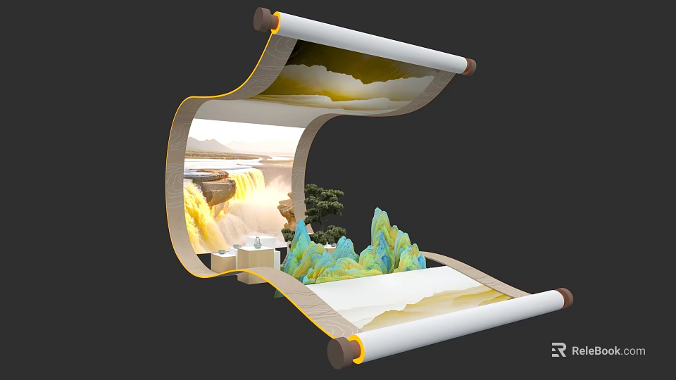 Scenic Island Display In Traditional Scroll With Waterfall Trees And Colorful Rocks 3d model 