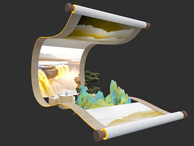 Scenic Island Display In Traditional Scroll With Waterfall Trees And Colorful Rocks 3d model