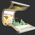Scenic Island Display In Traditional Scroll With Waterfall Trees And Colorful Rocks