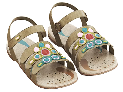 Light Brown Strappy Sandals With Colorful Circular Decorations And Breathable Sole For Summer 3d model