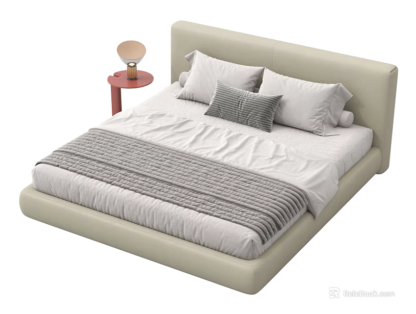 Modern Bedding Set With Beige Headboard White Sheets Gray Striped Blanket And Pillows 3d model 