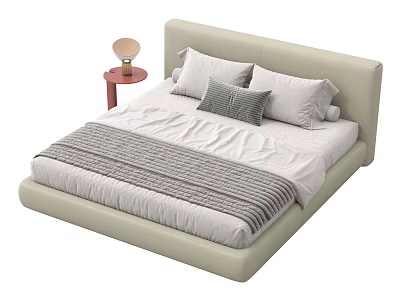 Modern Bedding Set With Beige Headboard White Sheets Gray Striped Blanket And Pillows 3d model