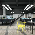 Modern Industrial Billiard Room With Multiple Tables Yellow Chairs And Lighting