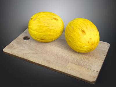 Two fresh yellow melons placed on a natural wooden cutting board 3d model