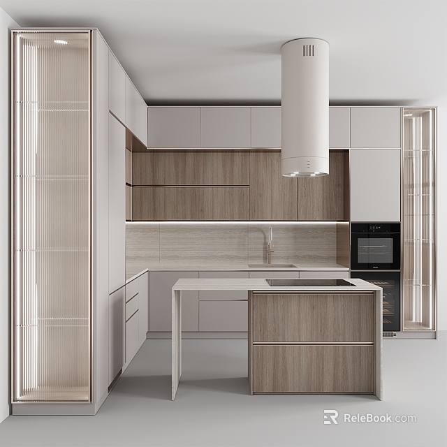 Modern Kitchen Interior Design With Wooden Cabinets White Countertops Island And Range Hood 3d model 