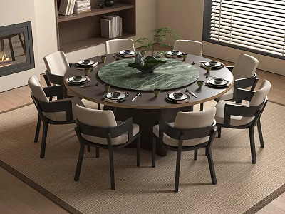 Round Dining Table With Green Marble Top And Eight Light Gray Black Chairs On Rug 3d model