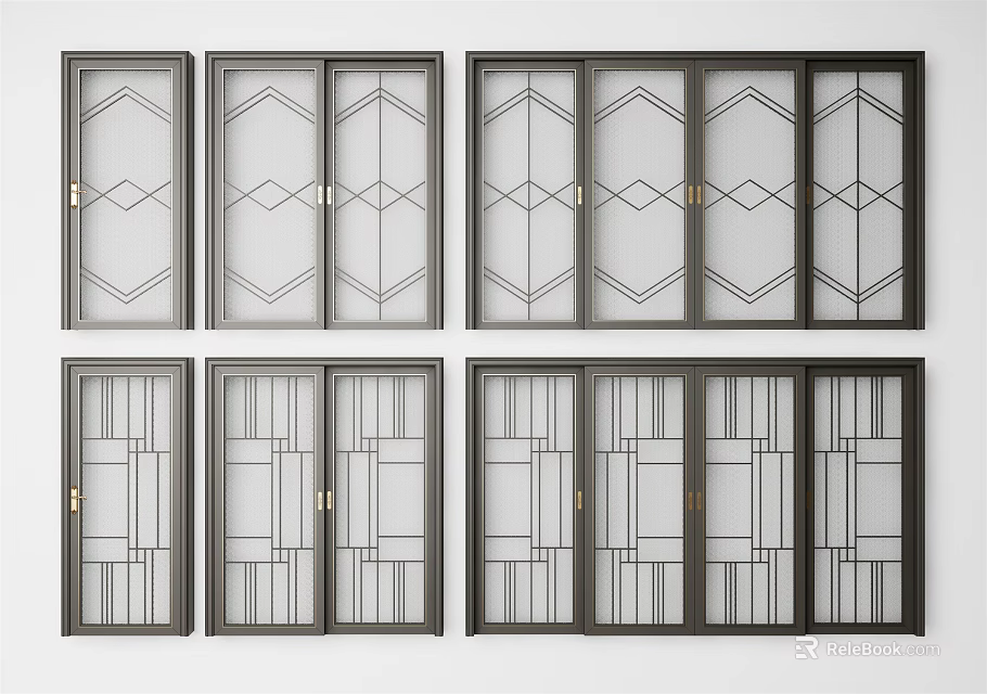 Modern Sliding Doors With Diverse Geometric Glass Patterns And Dark Frames 3d model