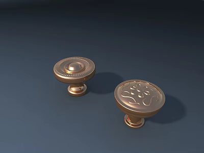 Golden Round Cabinet Knobs With Carved Ornate Patterns And Metal Base 3d model