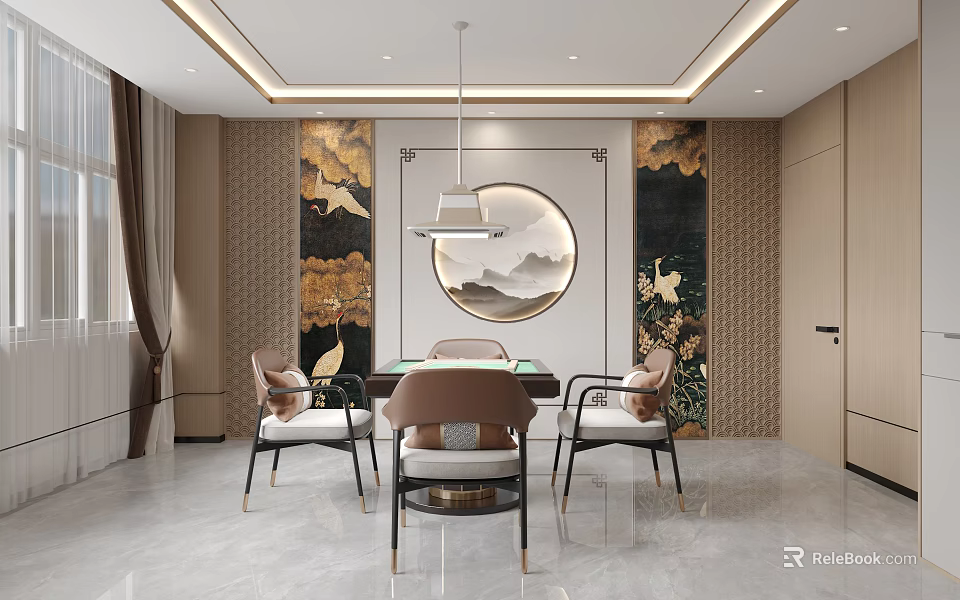 Hotel Mahjong Room Interior Featuring Modern Chinese Design Circular Landscape Painting And Crane Decor 3d model 