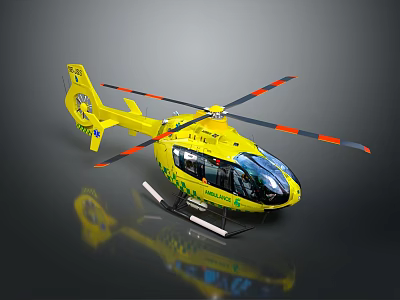 Yellow Emergency Helicopter with Red Black Striped Rotors and Green Accents on Reflective Surface 3d model