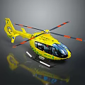 Yellow Emergency Helicopter with Red Black Striped Rotors and Green Accents on Reflective Surface