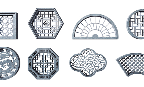 Chinese-style openwork window garden stone window grilles wall decoration 3d model