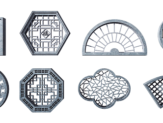 Chinese-style openwork window garden stone window grilles wall decoration 3d model