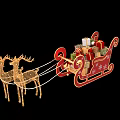 Christmas Red Sleigh Pulled by Golden Reindeer with Gifts and Decorations