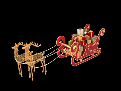 Christmas Red Sleigh Pulled by Golden Reindeer with Gifts and Decorations 3d model