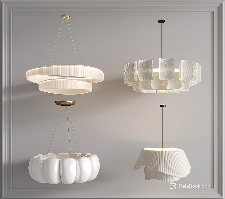 Modern White Chandeliers with Pleated Circular and Petal Shaped Designs for Elegant Interiors 3d model 
