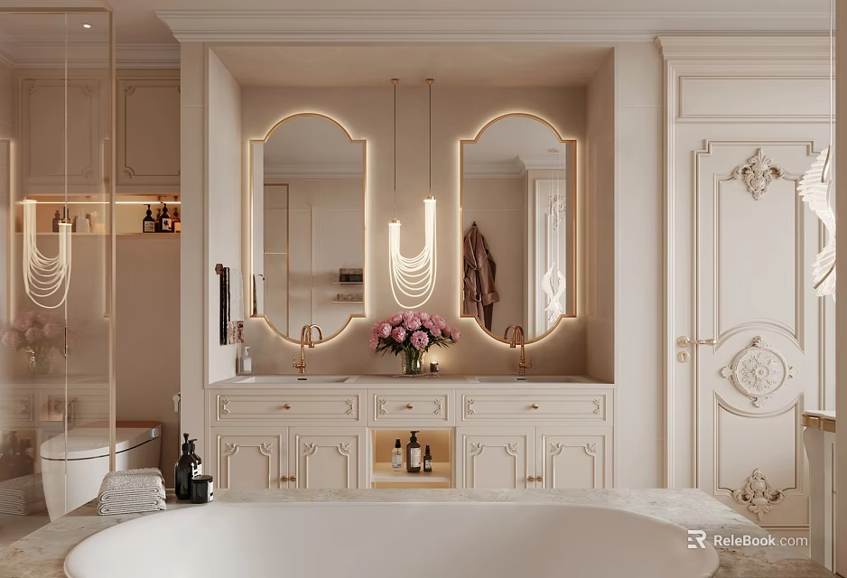 Luxury Modern Bathroom Interior With Double Mirrors Pendant Lights White Cabinets Bathtub And Fresh Flowers 3d model 