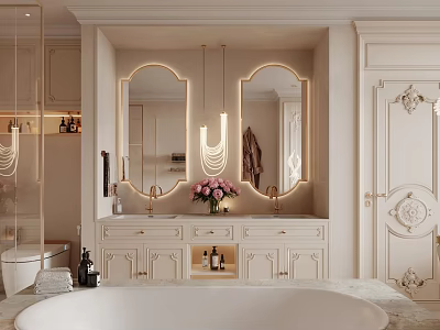 Luxury Modern Bathroom Interior With Double Mirrors Pendant Lights White Cabinets Bathtub And Fresh Flowers 3d model
