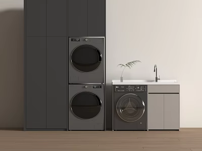 Modern Laundry Room Interior With Stacked Washing Machine Dryer And Sink Cabinet 3d model