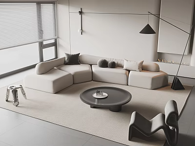 Modern Living Room Beige Sectional Sofa And Round Coffee Table Set With Throw Pillows 3d model