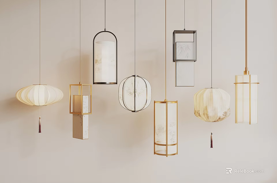 Various Modern Pendant Lights With Round Square Rectangular Designs Metal Frames And Fabric Shades 3d model 